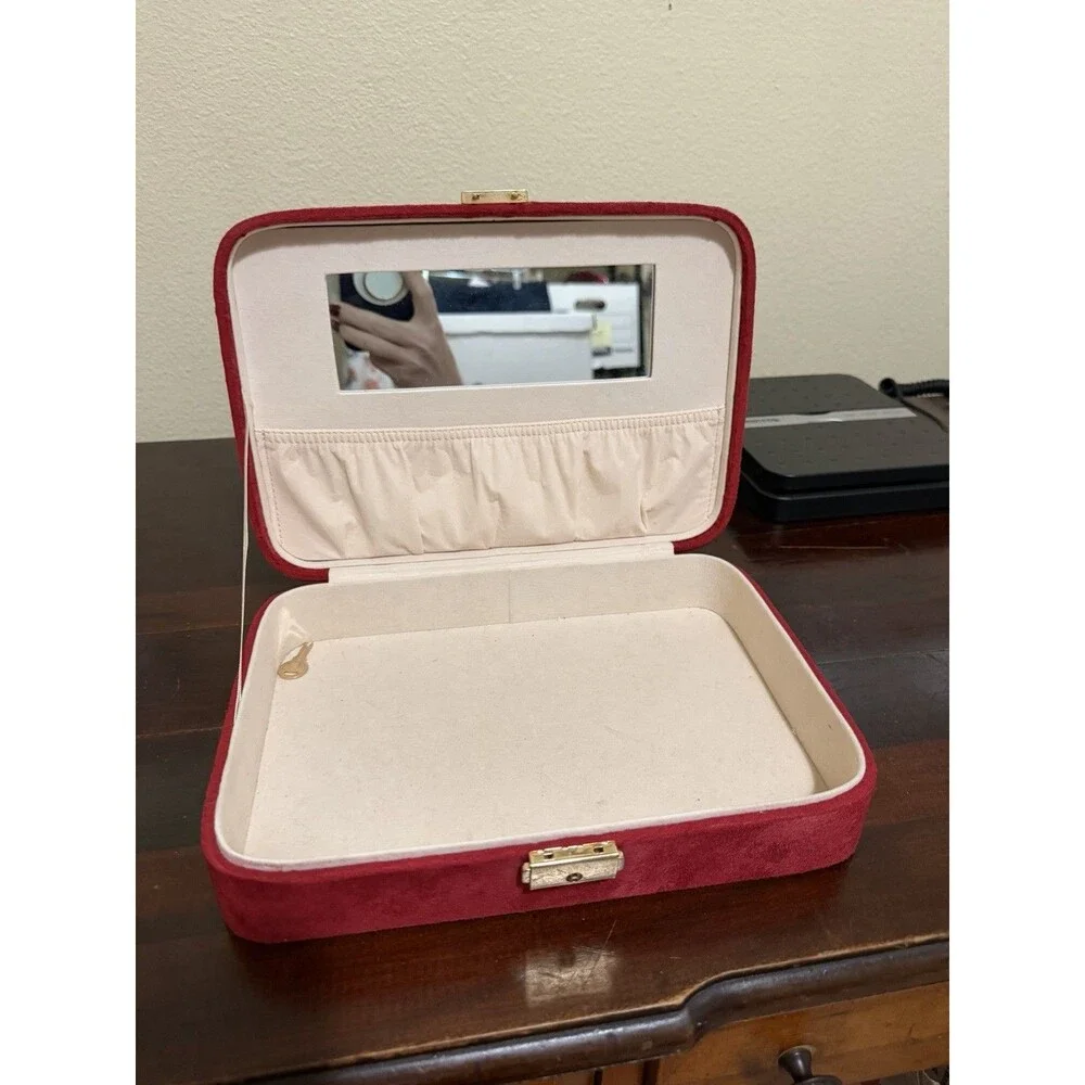 Vintage Red Jewelry Flat Box With Key & Inside Mirror